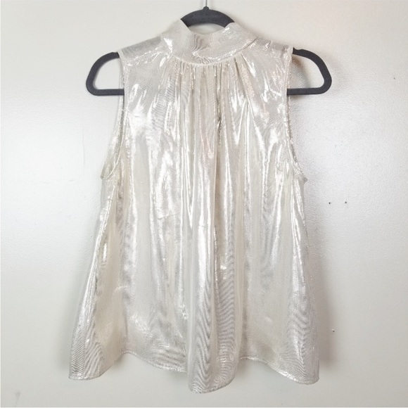 Marie Oliver Tops - MARIE OLIVER Silk Metallic High Neck Tie Sleeveless Blouse Top Pale Gold US M